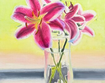 Stargaze Lily Oil Painting: Backlit Floral Art, 9x12 Original