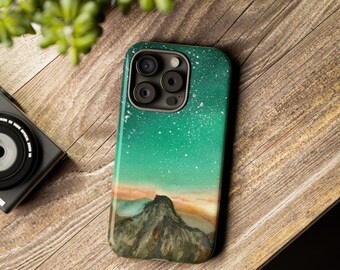 Watercolor Mountain Phone Case: Turquoise Sky, Double Layered Protection