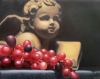 Cherub and Grapes Still Life: Vintage Oil Painting (9x12 in)