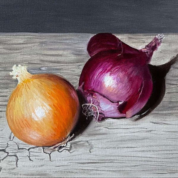 Onion still life original oil painting food themed artwork for Kitchen textured art wall decor gift for mom