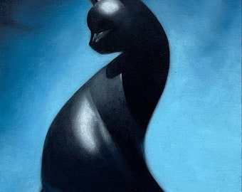Black Cat Statue Oil Painting: Vintage Zen Office Decor, 9x12