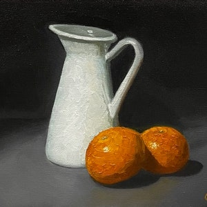 Clementine still life original oil painting food themed artwork for Kitchen photorealistic wall decor fine art gift