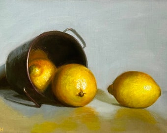 Original Oil Painting: Vibrant Lemons Still Life on Canvas – Kitchen Dining Wall Art