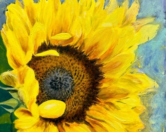 Original Sunflower Oil Painting on Panel: Bright Floral Artwork (9x12 inches)