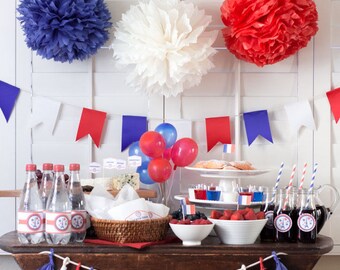 Blue White Red party printables, bastille day decor, 14th of july decor, French decor, printable party decor, great gift