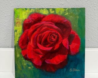 Brilliant Red Rose Original Oil Painting: Expressive floral Art (6x6 inches)