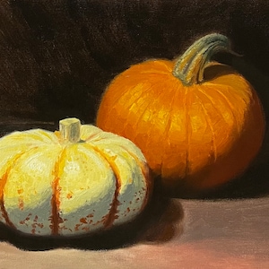 Pumkin still life original oil painting food themed artwork for Kitchen photorealistic wall decor fine art gift