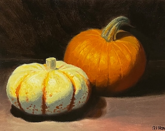Original Pumpkin Still Life Oil Painting: Kitchen Food Art (9x12 inches)