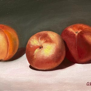 Peaches in Light, still life original oil painting food themed artwork for Kitchen photorealistic wall decor fine art gift