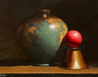 Vintage Vase Oil Painting: Turquoise Vase, Red Ball, Golden Bell (9x12 inches)