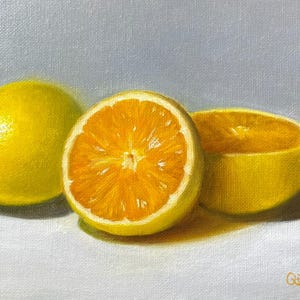 Citrus glow, orange still life original oil painting food-themed artwork for Kitchen photorealistic wall decor fine art gift