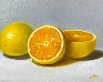 Citrus Still Life Oil Painting: Photorealistic Kitchen Wall Art (6x8 inches)