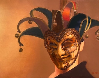 Venetian Jester Mask Oil Painting: Carnival Fine Art (12x16 inches)