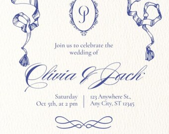 May include: A wedding invitation with a blue ribbon and bow design. The invitation reads "Join us to celebrate the wedding of Olivia & Jack" and includes the date, time, and location of the wedding. RSVP information is also included.