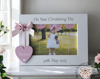 Personalised Christening Photo Frame: Any Wording, 6x4 or 5x7, Pink, Blue, White, Cream