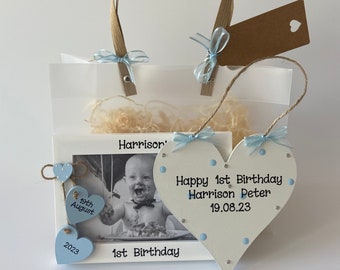 Personalised Baby's 1st Birthday Boy Girl Frame Wooden Plaque Gift Hamper Set Keepsake Letterbox Gift