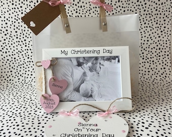 Personalised Christening Day Frame Wooden Plaque Gift Hamper Handmade Set Keepsake Letterbox Gift Bag