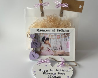 Personalised Baby's 1st Birthday Boy Girl Frame Wooden Plaque Gift Hamper Set Keepsake Letterbox Gift