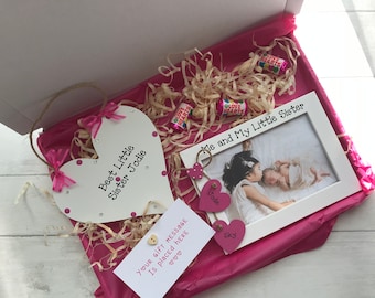 Personalised New Baby Little Big Sister Siblings Photo Frame Wooden Plaque Gift Hamper Set Keepsake Letterbox Gift