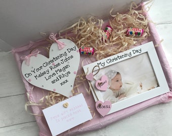 Personalised Christening Day Frame Wooden Plaque Gift Hamper Set Keepsake Letterbox Gift