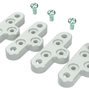 May include: Four white plastic brackets with six holes each, designed for mounting, and five silver screws with a green tint.