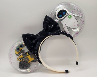 Orejas de Minnie de Wall-E, orejas de Minnie de Eve, pareja Disney de Wall-E y Eve, orejas de Minnie de Pixar, orejas transparentes de Clear Magic, orejas de Mickey de Pixar de Wall-E