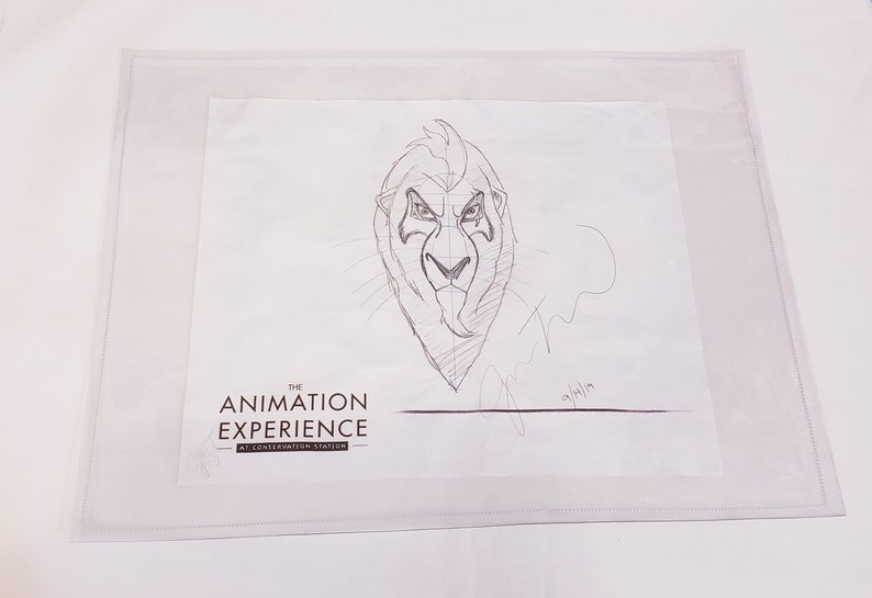 May include: A black and white pencil sketch of a lion's head with a fierce expression. The drawing is signed "The Animation Experience at Conservation Station" and dated "01/11/19".