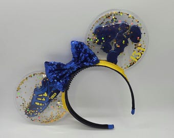 Orejas de zapatillas de correr de Mickey, vinilo transparente, lazo de lentejuelas azules