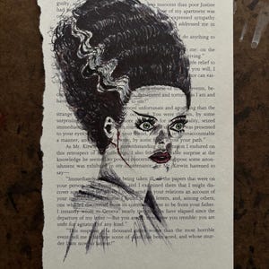 Original Bride of Frankenstein illustration on book page Halloween Art Decoration Gift Idea