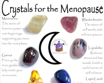 May include: Crystals for the Menopause, a collection of seven crystals with descriptions of their properties. The crystals are: Moonstone, Garnet, Citrine, Rhodochrosite, Lepidolite, and Lapis Lazuli. The image also includes a crescent moon and the text "Rainbow Spirit Crystal Shop".