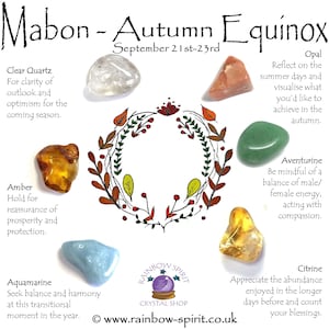 May include: A white background with a wreath of autumn leaves and berries.  Around the wreath are 8 different crystals with their names and descriptions.  The crystals are: Clear Quartz, Amber, Aquamarine, Opal, Aventurine, Citrine, Rose Quartz, and Tiger's Eye.  The text "Mabon - Autumn Equinox September 21st-23rd" is at the top of the image.  The text "Rainbow Spirit Crystal Shop www.rainbow-spirit.co.uk" is at the bottom of the image.