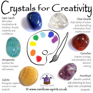 8x8cm card with printed poster with images of the 6 crystals in this crystal set, and text explaining the reasons for choosing each one.