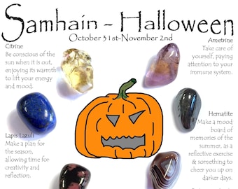May include: An illustration for Samhain-Halloween featuring a jack-o'-lantern, gemstones, and text. The gemstones include citrine, ametrine, lapis lazuli, rhodonite, hematite, and Botswana agate. The text includes the shop's name and website.