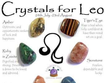 May include: Crystals for Leo, a zodiac sign chart with a Leo symbol and a collection of crystals: amber, ruby in zoisite, opal, tiger's eye, sunstone, and dumortierite. The chart includes a description of each crystal and its meaning for Leo.