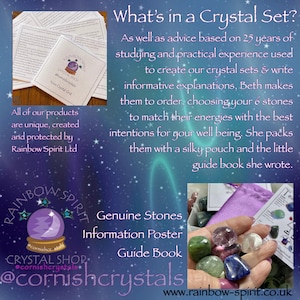 Pode incluir: Imagem de um conjunto de cristais com pedras genu&iacute;nas, um cartaz informativo e um guia. O conjunto inclui uma variedade de cristais coloridos numa m&atilde;o, uma bolsa de seda e um cart&atilde;o. O texto diz "What's in a Crystal Set?" e "Rainbow Spirit Ltd."