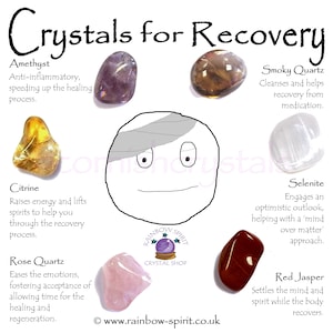 May include: A graphic showing different crystals and their healing properties for recovery. The crystals are amethyst, smoky quartz, citrine, selenite, rose quartz, and red jasper. The graphic includes a cartoon of a person with a bandage on their head.