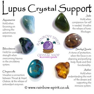以下が含まれることがあります： ループスのサポートのためのクリスタルコレクション。アクアマリン、ブラッドストーン、クリソコラ、ジェイド、スモーキー・クォーツ、アンバーなど。クリスタルは白い背景に配置され、その特性と用途を説明するテキストが書かれています。