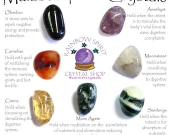 May include: A set of 8 tumbled crystals for malabsorption, including obsidian, carnelian, citrine, moss agate, amethyst, moonstone, sardonyx, and a rainbow spirit crystal shop logo.