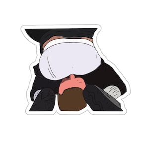 May include: A sticker featuring a cartoon illustration of a person bent over, with a white undergarment and black clothing. The person's head is visible, with brown hair and a pink face. The sticker has a white border.