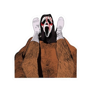 May include: A sticker featuring a cartoon illustration of a person wearing a white mask with a bloody scream face. The person is wearing white socks and has brown hairy legs.