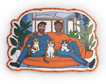 Retro Vibes Collection: Happy Cat Lover Couple| Gay Themed Custom Shaped Pillows
