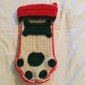 Crocheted &quot;DOG&quot; Christmas Stocking// Off White, Evergreen and Red Paw Print with a bone Stocking//Pet Stocking//Dog Stocking