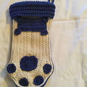 Crocheted "DOG" Christmas Stocking//Off White and Navy Paw Print with a bone Stocking// Pet Stocking//Dog Stocking