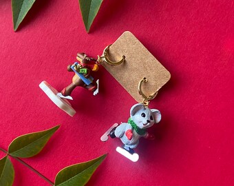 Ice Skating Moose & Mouse Holiday Earrings