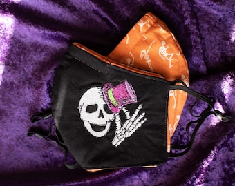 Reversible Embroidered Glow in the Dark Skeleton Gent & Dancing Skeletons with  built-in filter fabric