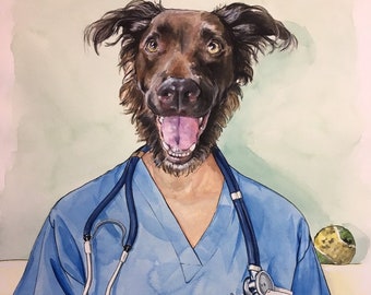 Custom Portrait of Dog in Clothes-Custom Dog Painting of a Dog Dressed as a Nurse