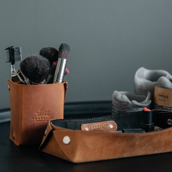 Leather Valet Tray with Pen Cup Set | Crazy Horse Leather Desk Organizer | Vintage Office Decor | Gift for Him