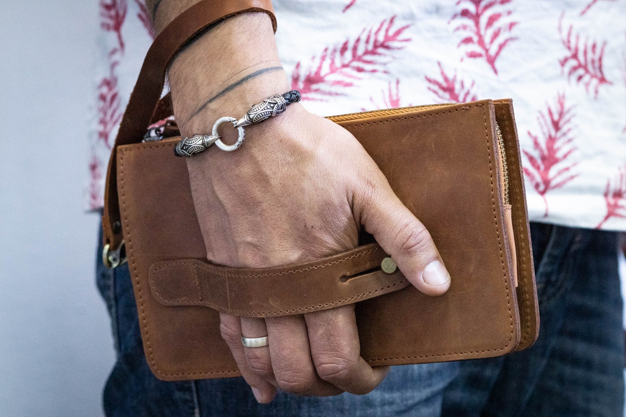 Mens Leather Clutch Bag with Wrist Strap, Brown