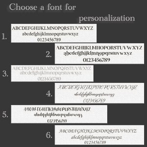 May include: Six different font styles are displayed in white boxes on a dark gray background. Each box shows the alphabet in uppercase and lowercase, along with the numbers 0 through 9. The text "Choose a font for personalization" is at the top of the image.
