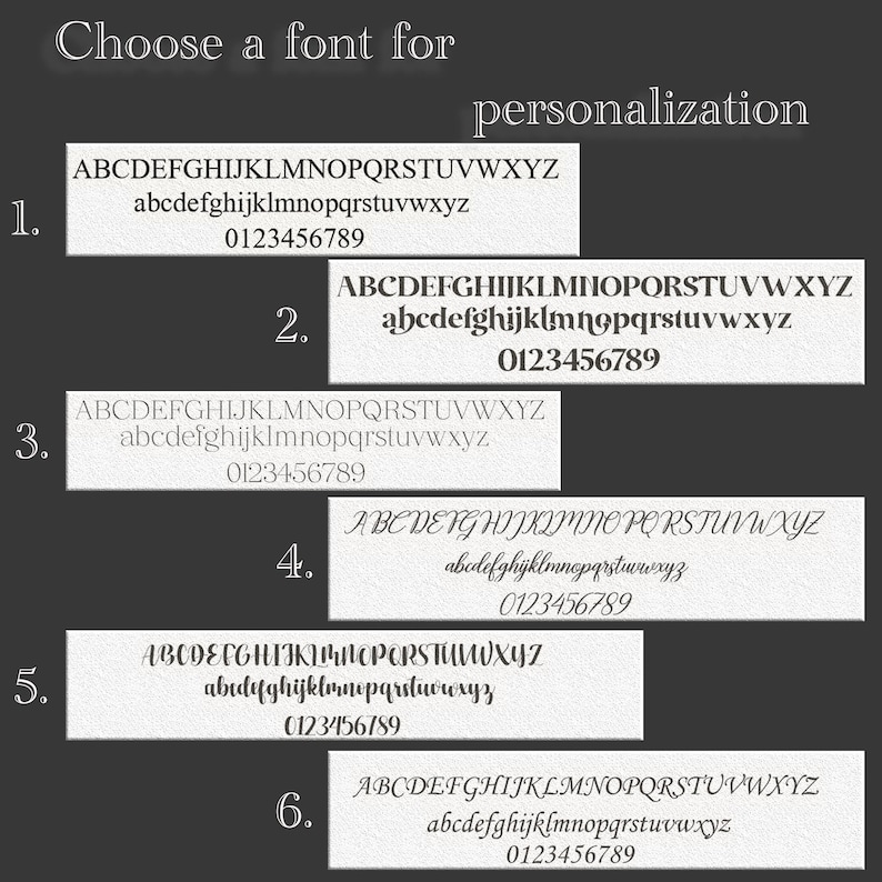 May include: Six different font styles are displayed in white boxes on a dark gray background. Each box shows the alphabet in uppercase and lowercase, along with the numbers 0 through 9. The text "Choose a font for personalization" is at the top of the image.